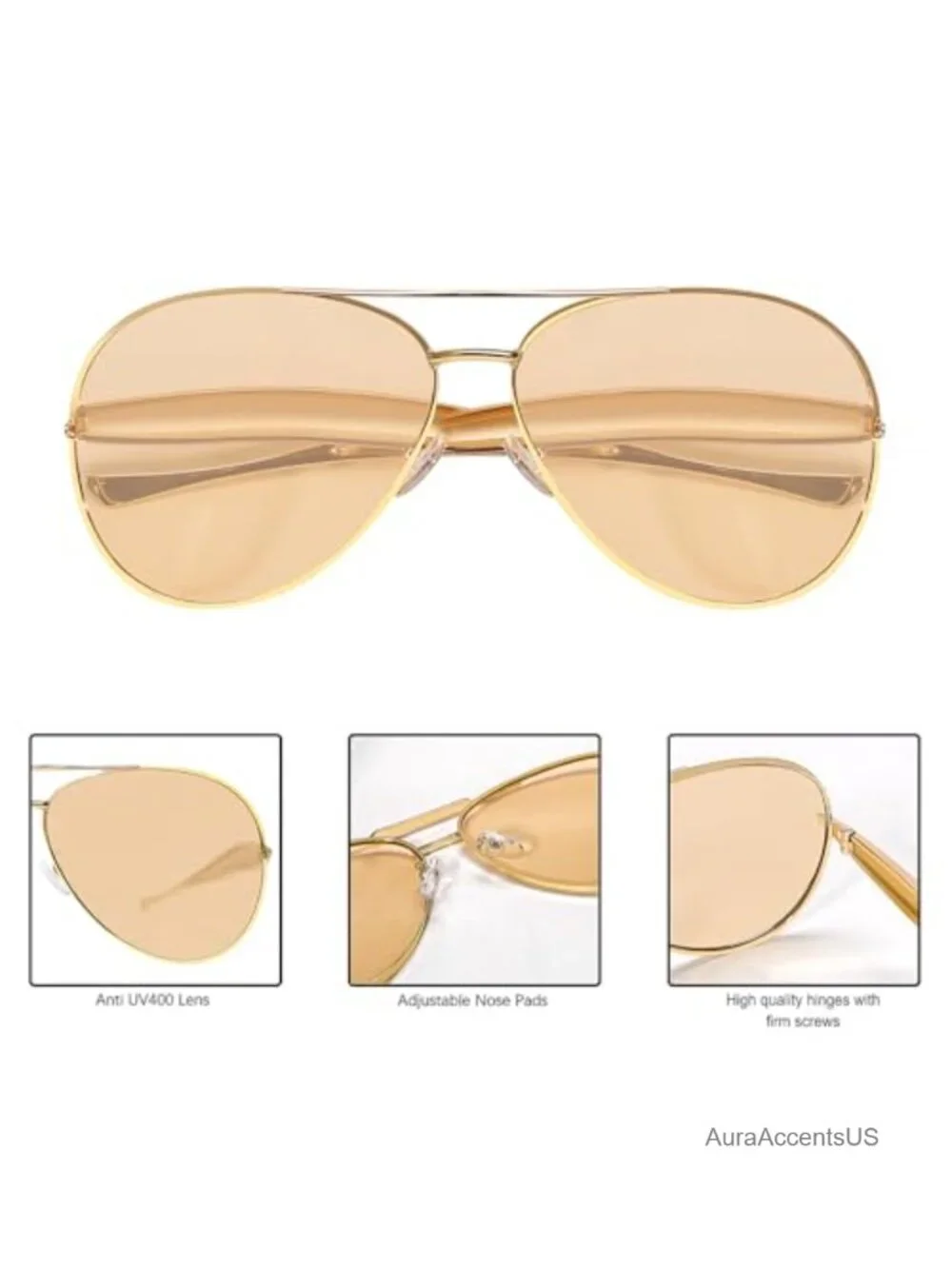 Oversized Gold Metal Aviator Sunglasses UV400 Retro 70s Women Men Unisex